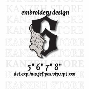 May include: Black and white embroidery design of the letter "G" with a skull-like design on the left side. The image includes the text "embroidery design" and sizes 5", 6", 7", and 8". The file formats are listed at the bottom.