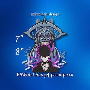 May include: Embroidery design featuring a blue and white character with a menacing expression and a black and white character with a serious expression. The design includes the text "ARISE" repeated multiple times in pink. The design is 7 inches by 8 inches and is available in EMB, DST, HUS, JEF, PES, VIP, and XXX formats.