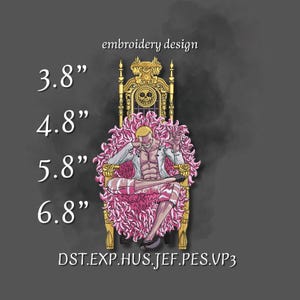 Op de afbeelding: Een borduurontwerp met een personage dat op een gouden troon met een schedel-embleem zit. Het personage heeft roze haar en een roze gevederde jas. Het ontwerp is verkrijgbaar in maten van 9,6 cm tot 17,3 cm. De tekst "embroidery design" staat bovenaan.