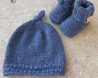 Hand Knitted Denim Top Knot Hat and Booties Set | Soft Australian Merino Wool | Newborn Beanie | Stay-On Booties | Baby Shower Gift