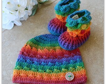 Baby Beanie - Baby Hat - Baby Booties – Wool Baby Shoes - Rainbow Baby Booties  & Hat - Beanie