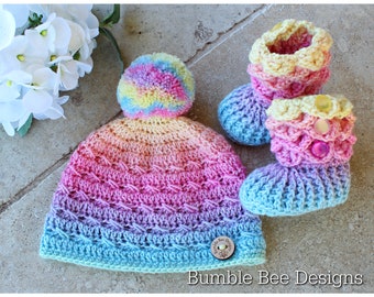 Baby Beanie - Baby Hat -  Rainbow Baby Booties  - Crochet Baby Booties & Hat - Crochet Hat - Crocodile Stitch baby booties - Pastel Rainbow