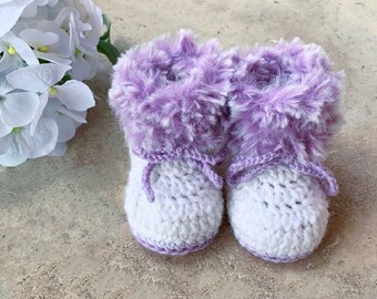 Crochet baby booties, Lavender fur booties, fur shoes, knitted boots, baby shower, Faux fur, softest Australian Wool, Slippers, 0-12 months