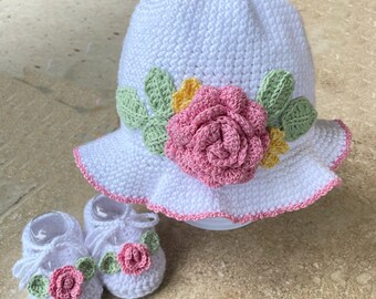 Adorable Baby Sunhat or Bonnet | Pink Rose Baby Hat | Girls Panama Hat | Cotton Baby Girls Hat | Baby Brimmed Hat | Summer Hat for Girl