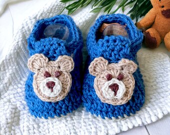 Crochet Baby Booties That Stay On, Baby Slippers, Teddy Bear Baby booties, shoes, Blue and Latte 0-6 months Australian Soft Cotton