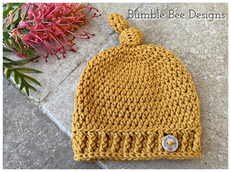 Pure Cotton Mustard Top Knot Beanie, Crochet beanie, Crochet hats, NEWBORN Toddler sizes, baby shower gift, 100% Australian Cotton image 1