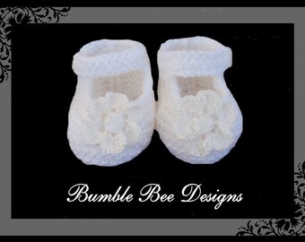 White Cotton Hand Knitted Mary Jane Booties with White Crochet Flower