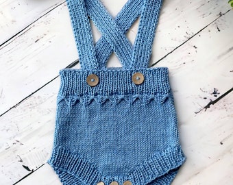 Beautiful Hand-Knitted Baby Bloomers with suspenders, All-in-One Babysuit, Baby Summer, Denim blue romper, Bumble Bee Designs, 3-6 months