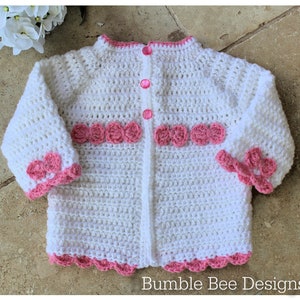 Crochet Baby Cardigan, Baby Girl, Baby Jacket, 3-6 months, Soft acrylic yarn in stunning white trimmed with pink, pink bows, Winter baby image 1