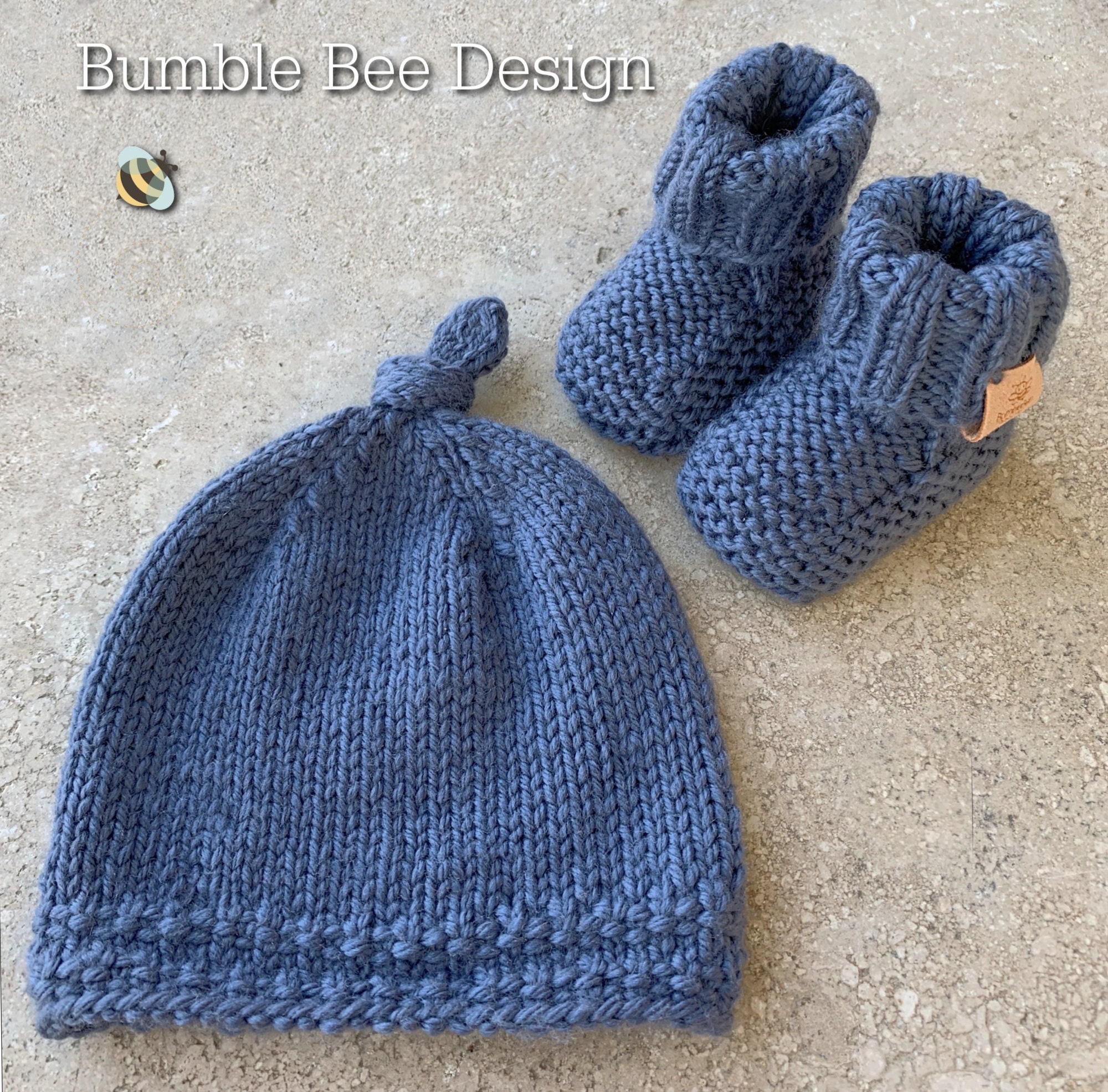 Hand Knitted Denim Top Knot Hat and Booties Set, Baby Shower Gift