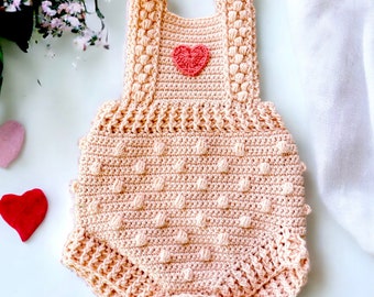 Crochet Cotton Bobble Baby Romper, Size 0-6 months. Soft Peach with Heart applique. Made in soft Australian Cotton