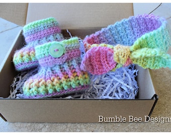 Rainbow Baby Booties & Headband Set | Crochet Crib Shoe | Merino Wool | Soft Sole | Organic | Baby Slippers | Toddler Shoes | Vegan Footwear