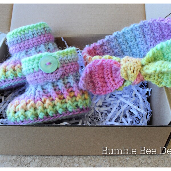 Rainbow Baby Booties & Headband Set | Crochet Crib Shoe | Merino Wool | Soft Sole | Organic | Baby Slippers | Toddler Shoes | Vegan Footwear