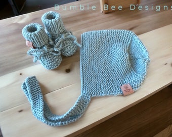 Adorable Baby Set | Soft Merino Wool Bonnet and Booties | Stay-On Booties | Blue Baby Bonnet | Bobble Beanie | Fair Trade Gift | Knit bootie