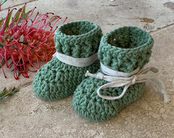 Crochet Baby Booties,  Pure Cotton Baby Shoes, 100% cotton in Green Crib Shoes, Newborn - 12 months, Baby Gift, Baby Shower, Baby booty