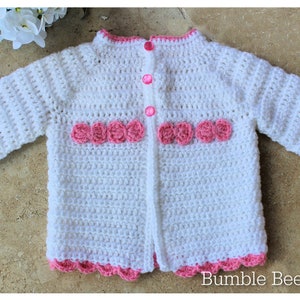 Crochet Baby Cardigan, Baby Girl, Baby Jacket, 3-6 months, Soft acrylic yarn in stunning white trimmed with pink, pink bows, Winter baby image 2