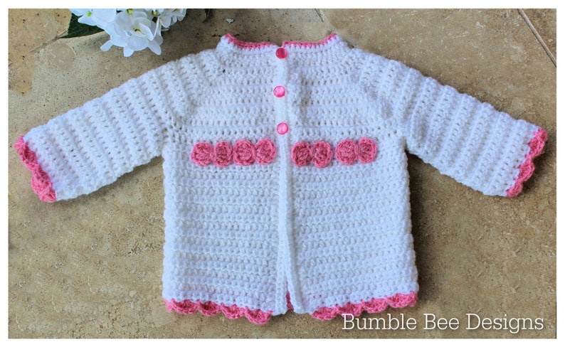 Crochet Baby Cardigan, Baby Girl, Baby Jacket, 3-6 months, Soft acrylic yarn in stunning white trimmed with pink, pink bows, Winter baby image 2