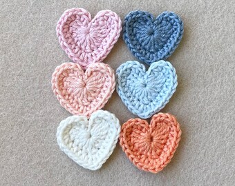 Hand Crochet Applique Hearts 100% Cotton, pure cotton heart, 6 x crochet hearts