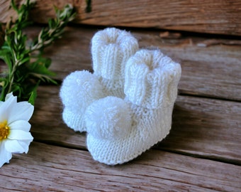 Hand Knitted White Baby Booties - Softest Australian Merino Wool - Stay on booties - Pom Pom Booties