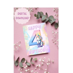 Einhorn Karte zum 4. Geburtstag Digitaler Download