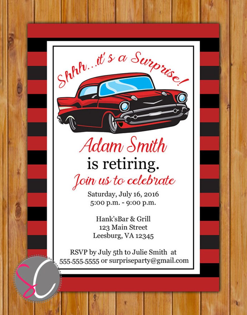 Adult Surprise Classic Car Retirement Party Invite Red Car Adult Surprise Classic Car Retirement Party Invite Red Car