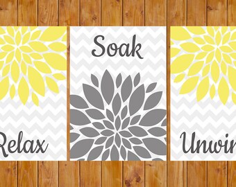 Flower Burst Yellow Grey Gray Wall Decor Bathroom Relax Soak Unwind Set of 3- 5x7 Print Your Own Digital JPG Files (117)