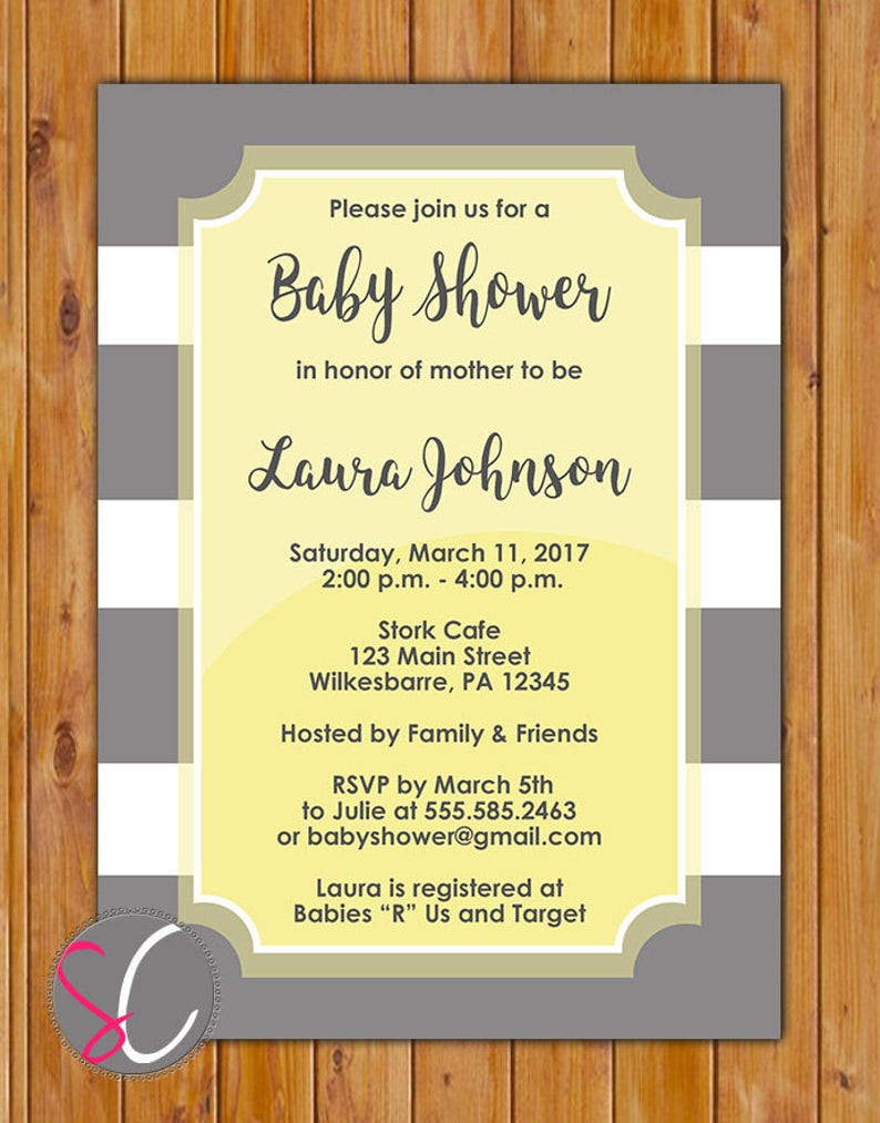 Baby Shower Invitation Pastel Yellow Grey White Stripes Etsy Baby Shower Invitation Pastel Yellow Grey White Stripes Etsy