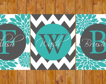 Chevron Floral Bathroom Wall Decor Flush Wash Brush Teen Child Adult Flower Art Teal Grey 8x10 Digital JPG Instant Download (184)