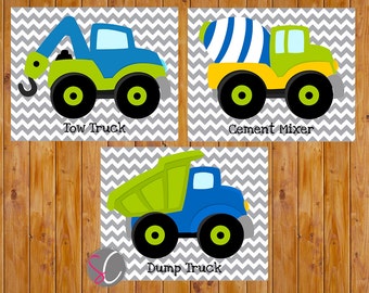 Boys Construction Truck Vehicles Wall Art Toddler Bedroom Playroom Decor Trucks Lime Green Navy Blue 3 - 8x10 Digital JPG