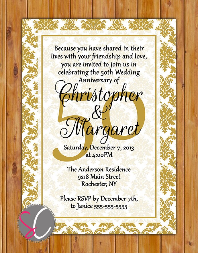 50th Wedding Anniversary Invitation Gold Tone Damask 50th Wedding Anniversary Invitation Gold Tone Damask
