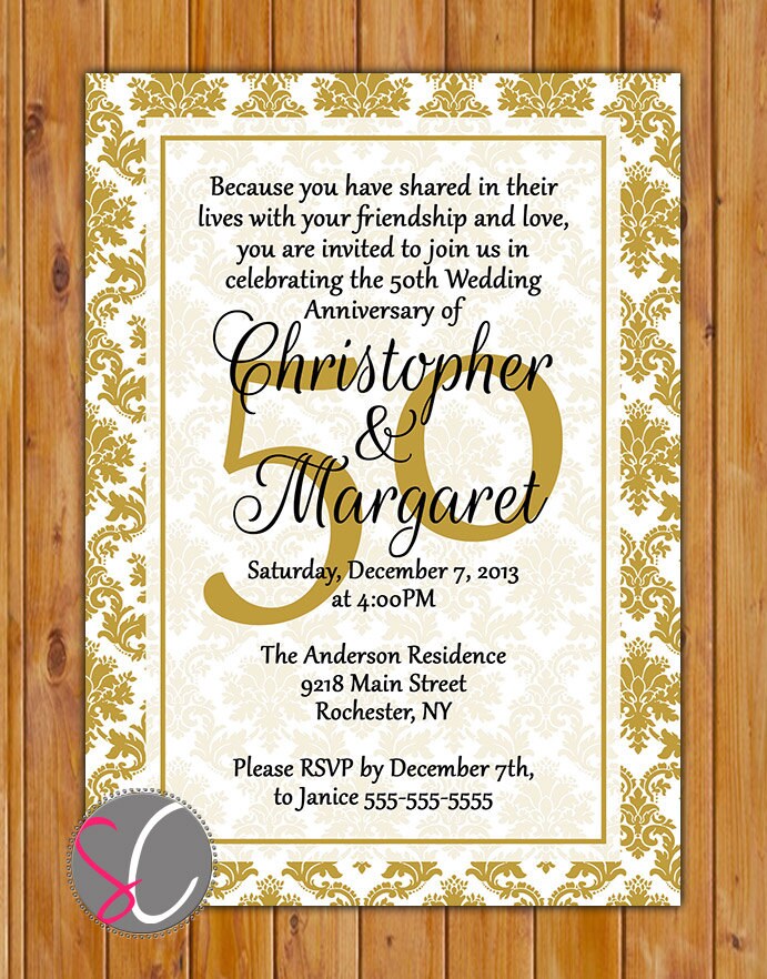 50th Wedding  Anniversary  Invitation Gold Tone  Damask 