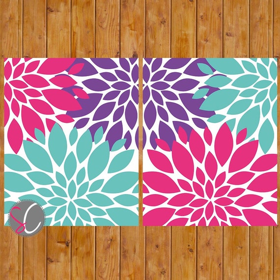 Floral Flower Burst Purple Turquoise Pink Set Of 2 Nursery Decor Bedroom Wall Art Printable 8x10 Digital Jpg Files Instant Download 240
