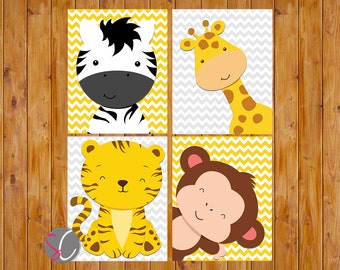 Jungle Animals Nursery Wall Art, Zoo Baby Room Giraffe Zebra Monkey Tiger Grey Yellow Gender Neutral DIGITAL 8x10 JPG Files Instant download