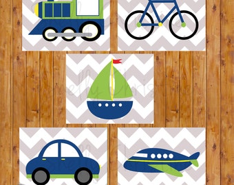 Things That Go Transportation Plane Train Car Boat Bike Wall Art Boy's Room Decor Navy Green Printable 8x10 JPG Files Instant Download (129)