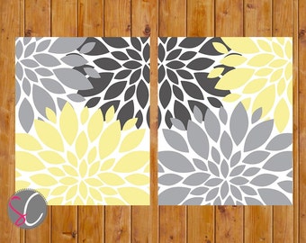 Floral Flower Burst Gray Yellow Set of 2 Wall Baby Decor Bedroom Bathroom  8x10 High Resolution JPG Files Printable   Instant Download (25)