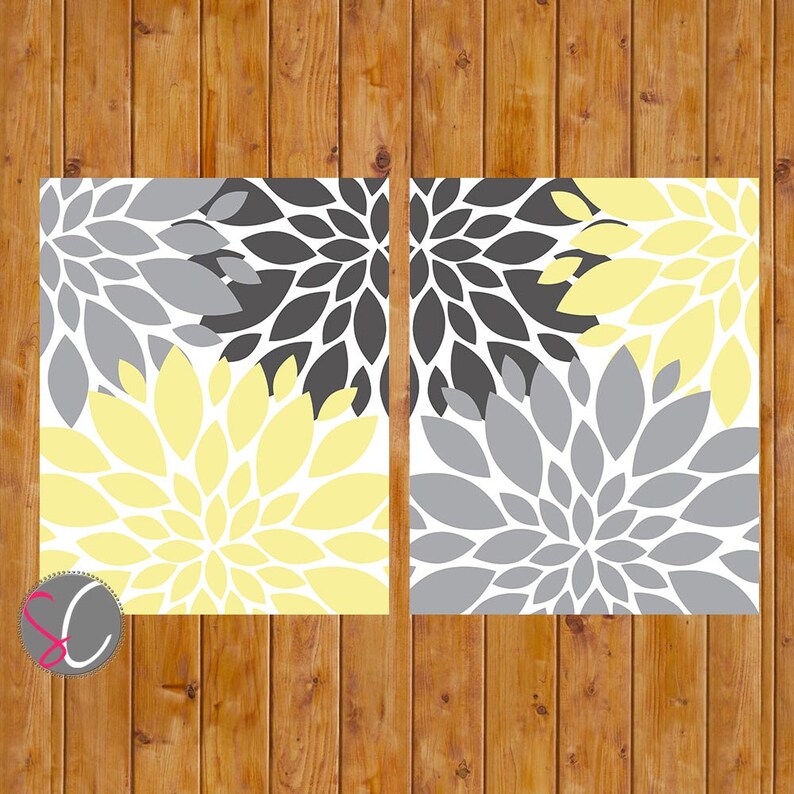 Floral Flower Burst Gray Yellow Set of 2 Wall Baby Decor Bedroom Bathroom 8x10 High Resolution JPG Files Printable Instant Download 25 image 1
