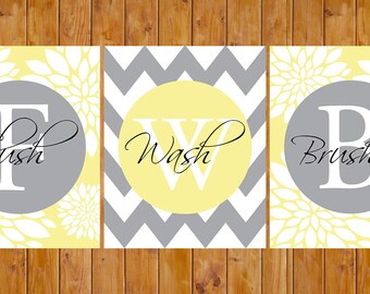 Floral Chevron Bathroom Wall Decor Flush Wash Brush Teen Child Adult Art Yellow Grey 8x10 Digital JPG Instant Download (140)