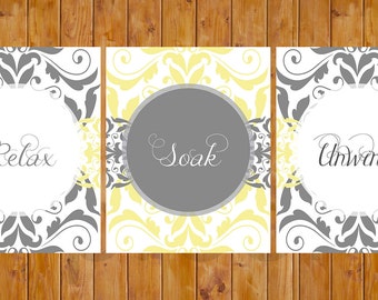 Damask Gray Yellow Set of 3 Wall Art Decor Spa Master Bathroom Relax Soak Unwind 8x10 DIY Printable Instant Download (172)