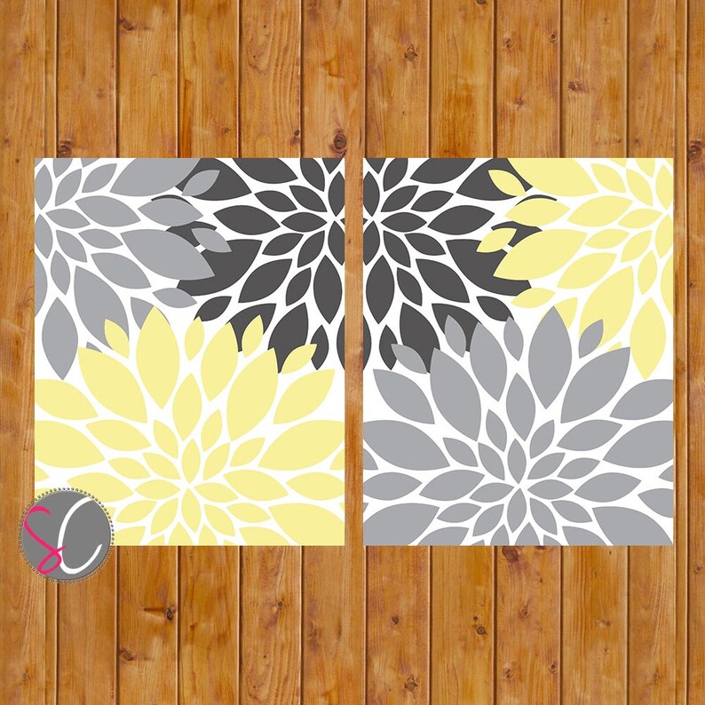 Floral Flower Burst Gray Yellow Set of 2 Wall Art Baby Nursery Etsy