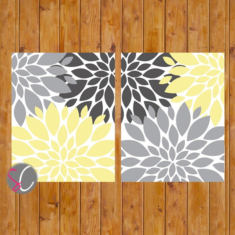 Floral Flower Burst Gray Yellow Set of 2 Wall Art Baby Nursery Bedroom Bathroom Living Room Decor 11x14 JPG Files Printable image 1