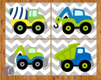 Boys Construction Truck Vehicles Wall Art Toddler Bedroom Playroom Decor Trucks Lime Green Navy Blue 4 - 8x10 Digital JPG