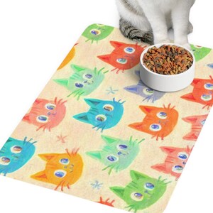 Pastel Pet Food Mat, Cute Cat Feeding Mat, Cat Lovers Gift, Cat Mat, Animal Feeding Mat, kitchen kitty Accessories, 12 x 18, cat food mat