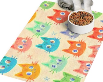 Pastel Pet Food Mat, Cute Cat Feeding Mat, Cat Lovers Gift, Cat Mat, Animal Feeding Mat, kitchen kitty Accessories, 12 x 18, cat food mat
