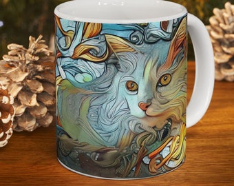 White Spirited Cat Ceramic Mug, Swirling Design, White Kitty Coffee Cup, Unique Imaginative Gift, Tea Mug, Cat Lover Gift