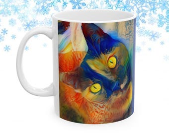 Caneca colorida de gato tartaruga, presente para amantes de gatos tartaruga, 11 onças, 15 onças, presente para amantes de gatos tartaruga, caneca com efeitos pintados, arte fotográfica ORIGINAL, tartaruga