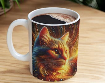 Golden Cat Ceramic Mug, Animal Lover Gift, Cat Lover Coffee Cup, Long Haired Cat Tea Mug, Gift for Cat Owners, 11oz 15oz gold cat l Mug