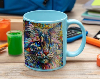 Tazza di design con gatto a mosaico, tazza da caffè colorata per amanti dei gatti, tazza artistica, tazza con gatto blu giallo oro rosso blu navy viola, regalo per amanti dei gatti, tazza multicolore,