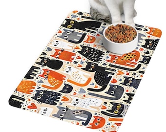 Colorful Cat Pattern feeding Mat, Cute pet food mat, Cat Lover Gift, beige and black cat mat, 12 x 18