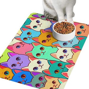 Cute cat Food Mat, Colorful Kitty Feeding Mat, Cat Lover Gift, Cat mat,cat place mat,cat floor mat, pet feeding mat, cat accessory, 12 x 1 8