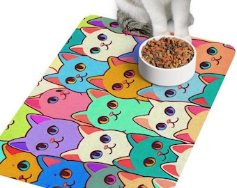 Cute cat Food Mat, Colorful Kitty Feeding Mat, Cat Lover Gift, Cat mat,cat place mat,cat floor mat, pet feeding mat, cat accessory, 12 x 1 8